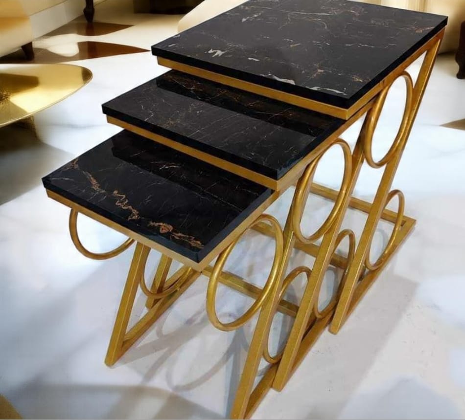 Modern 3-Piece Nesting Tables Set with UV Lasani Tops & Golden Iron Base – Black & White Marble Finish