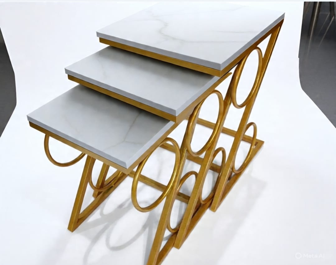 Modern 3-Piece Nesting Tables Set with UV Lasani Tops & Golden Iron Base – Black & White Marble Finish