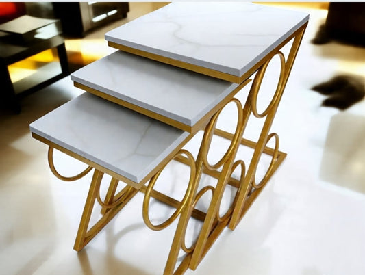 Modern 3-Piece Nesting Tables Set with UV Lasani Tops & Golden Iron Base – Black & White Marble Finish