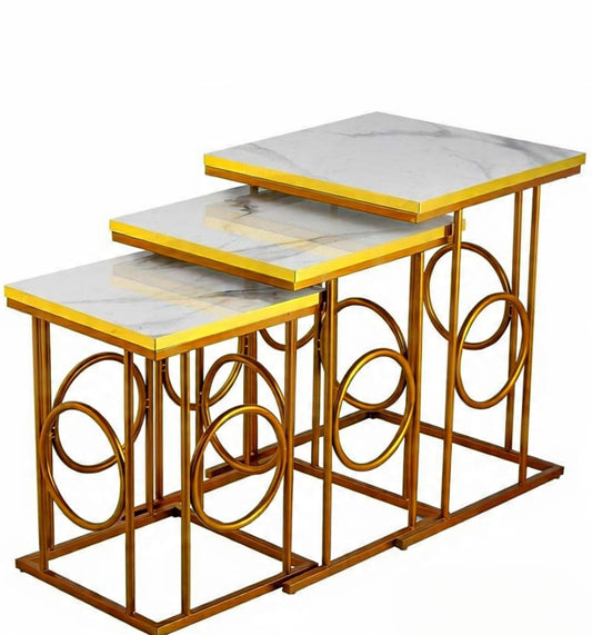 Luxury Nesting Tables Set of 3 – UV Lasani Top with Golden Iron Base | Black And White Tops | Water Resistant | High Quality Finish