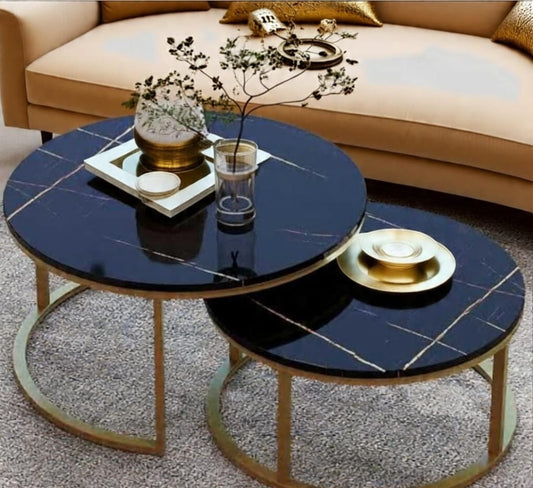 Luxury High-Gloss Nesting Coffee Table Set – Round UV Wooden Top with Gold Metal Base (Set of 2)
