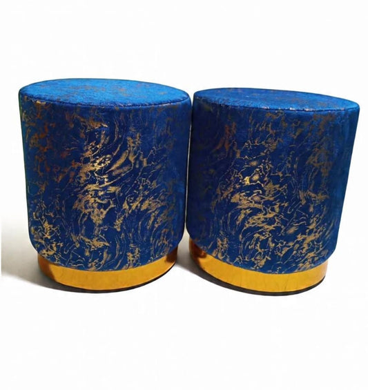 Velvet Gold Base Ottoman Stool Set – Round Padded Pouffes (Set of 2)