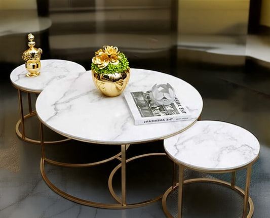 Luxury 3-Piece Nesting Coffee Table Set – High-Gloss UV Wooden Top (White or Black) with Golden Metal Base