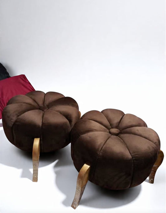 Premium Velvet Pumpkin Ottoman Stool with Wooden Legs – Plush Round Pouf for Living Room & Bedroom Décor | Multiple Colors Available